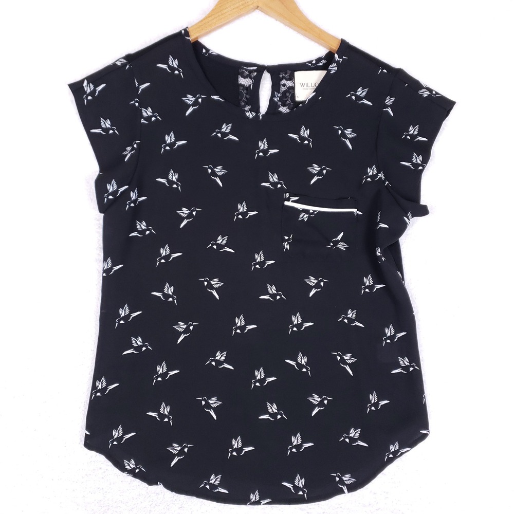 Willow Young Contemporary Blouse Womens Small Black Hummingbird Floral Lace
